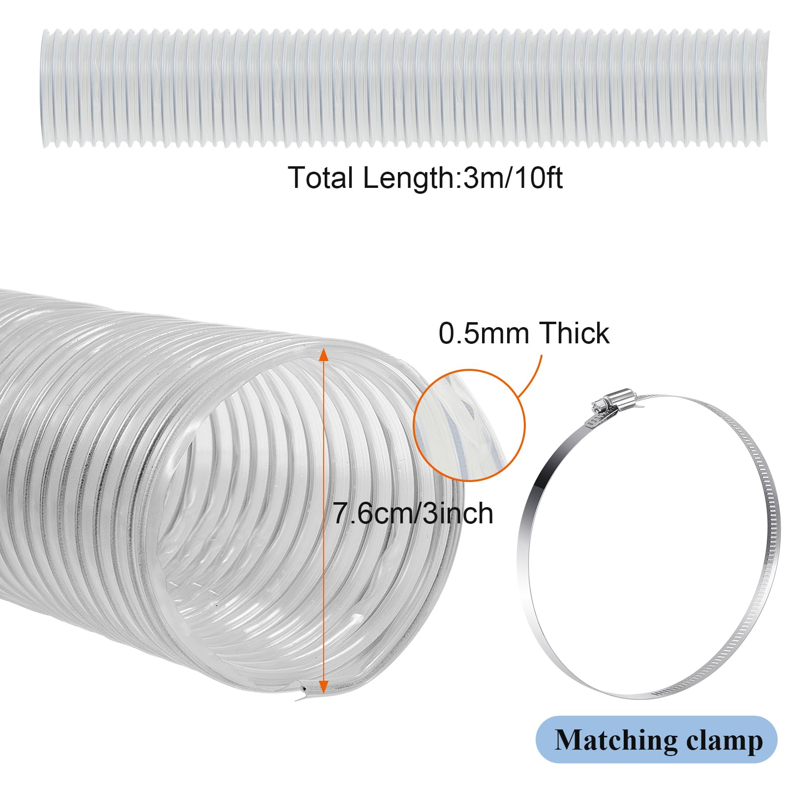 Amylove Manguera flexible de recolección de polvo de PVC con abrazaderas de acero inoxidable, manguera de vacío transparente, accesorios de recogida de polvo, accesorios para carpintería