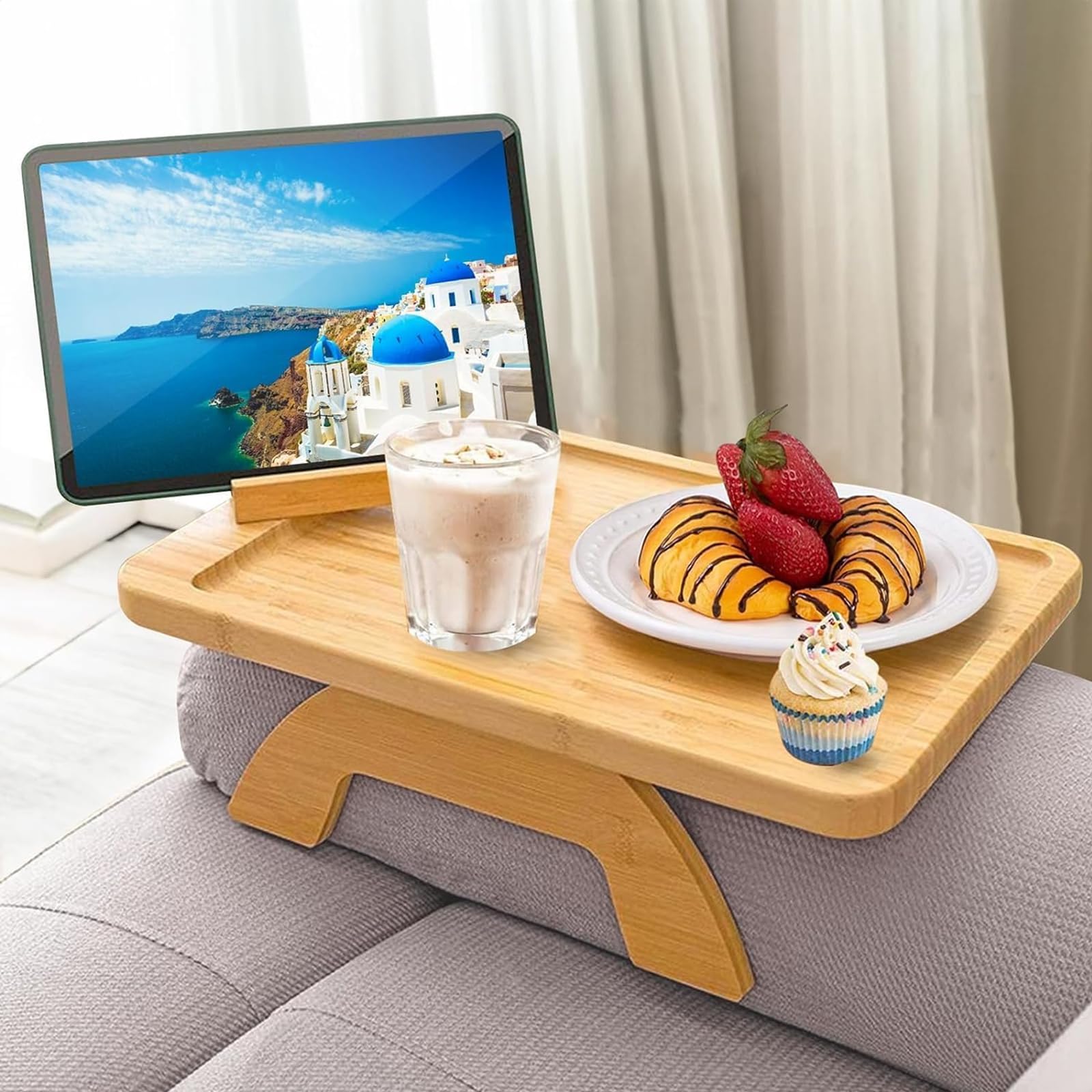 Bandeja para reposabrazos de sofá,Bandeja de Brazo para Sofá de Bambú,Mesa Plegable para reposabrazos de sofá,con Soporte para teléfono,para Aperitivos,Teléfonos,Mandos y Bebidas