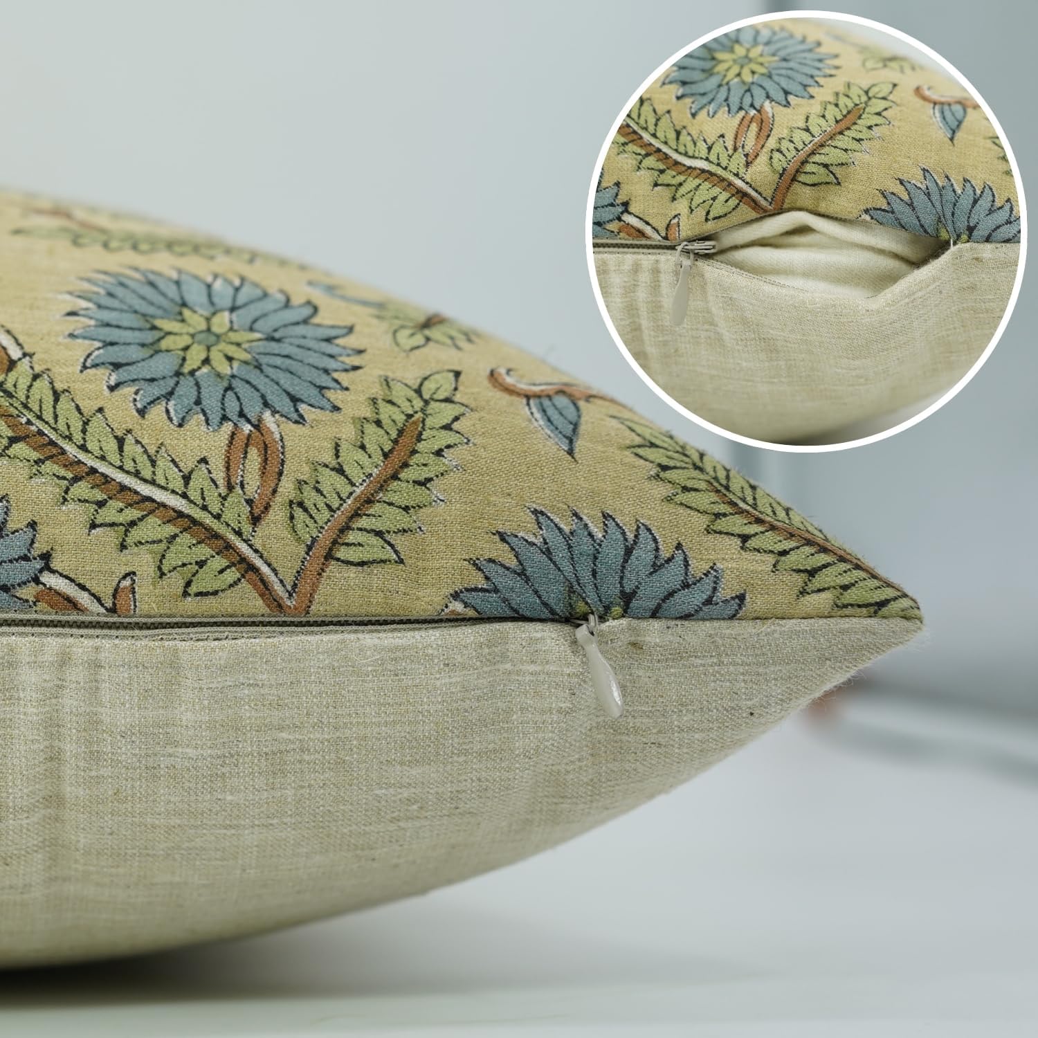 Pillow Covers Floral Hand Block Print Linen Blend 22X22 Throw Cushion Cover, Indoor Farmhouse Pillowcase, Decorative for Sofa, Couch, Bed, Boho Home Decor, Swarna, Black