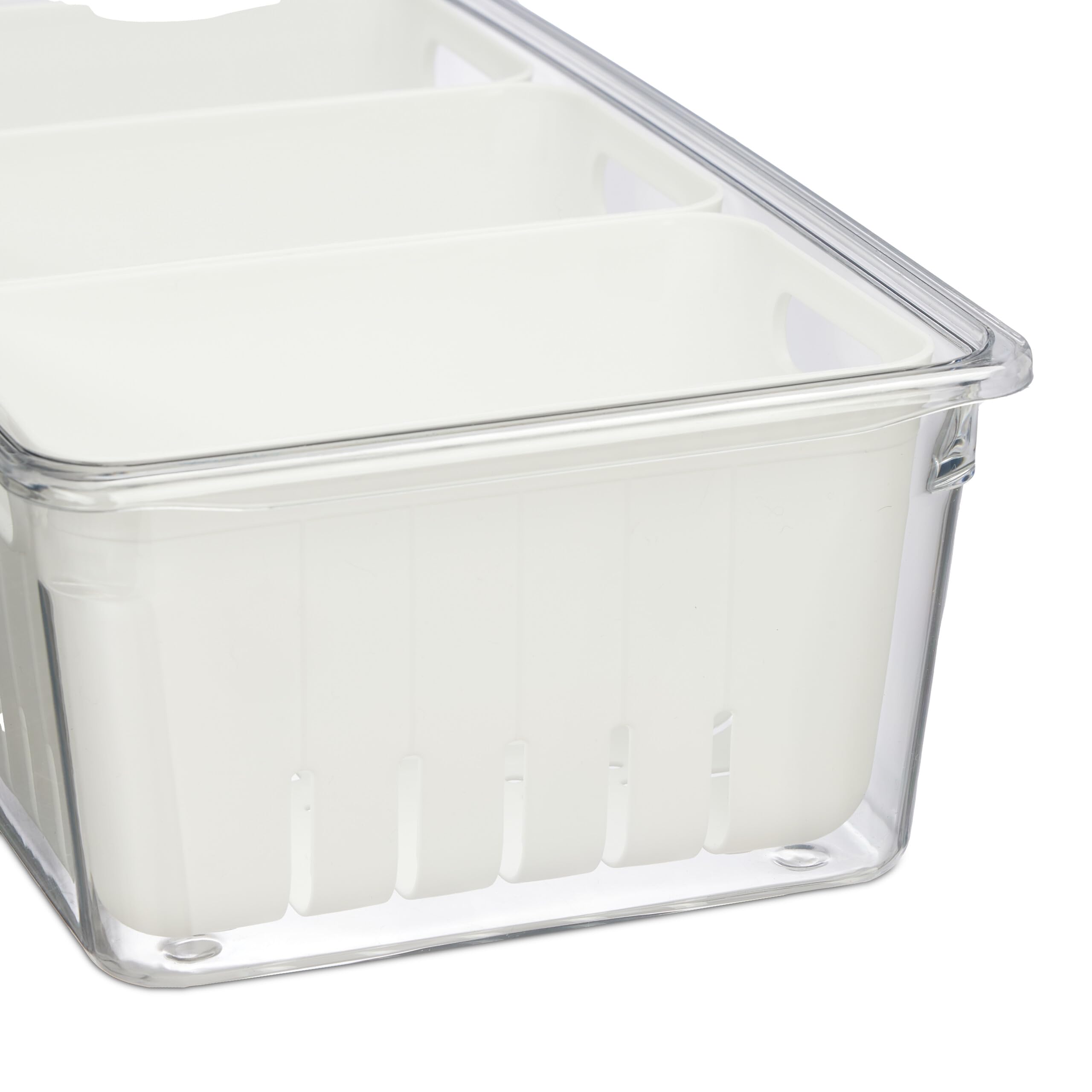 Relaxdays Organizador Nevera, Set 4, Apilable, 3 Cestas Escurridoras, Almacenaje Alimentos con Tapa, Transparente/Blanco