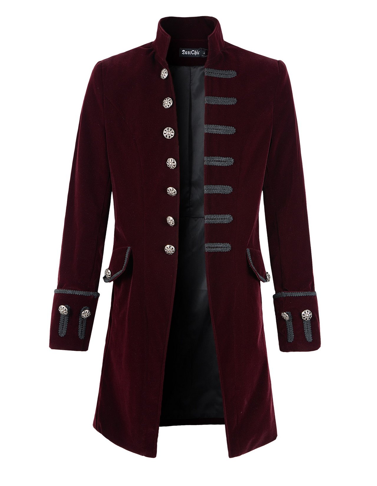 Mens Velvet Goth Steampunk Victorian Frock Coat (XL, Burgundy)