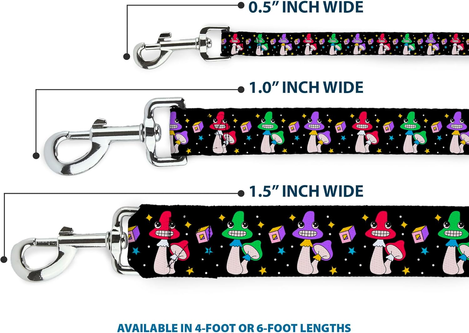 Buckle-Down Pet Leash, Dog Leash, Happy Mushrooms with Stars Black Multi Color, 6 Feet Long 1.0 Inch Wide