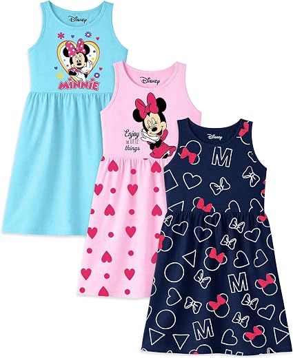 Kuchipoo © Disney Girls Minnie Mouse Printed Sleeveless Cotton Dress Combo | Cute Graphic Summer Casual Frock Set | Pack of 3