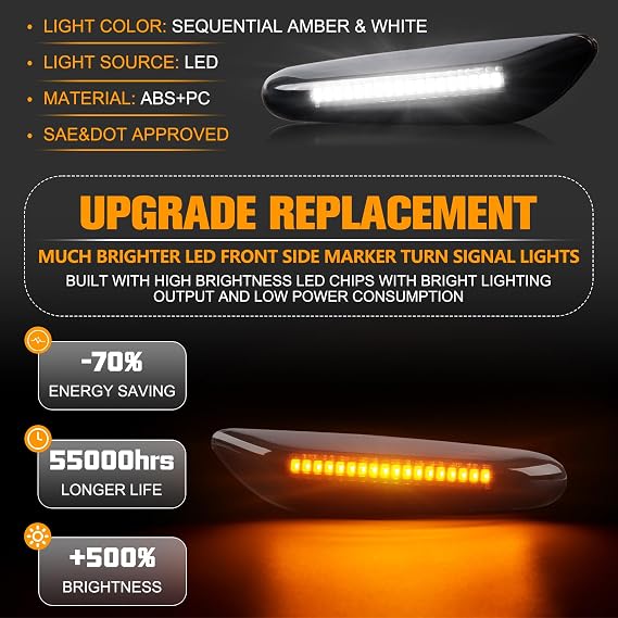 Gempro Switchback Sequential Amber& White LED Side Marker Lights Turn Signal Lamps for BMW E84 E81 E82 E87 E88 E90 E91 E92 E93 E46 E53 X3 E83 X1 Smoke Len, 2PCS