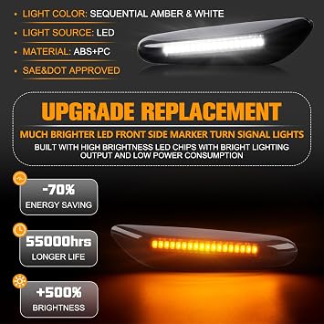 Gempro Switchback Sequential Amber& White LED Side Marker Lights Turn Signal Lamps for BMW E84 E81 E82 E87 E88 E90 E91 E92 E93 E46 E53 X3 E83 X1 Smoke Len, 2PCS