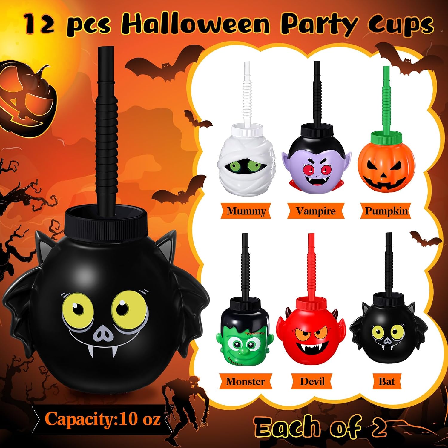 Umigy 12 Pcs Halloween Cup for Kids 10 oz Halloween Reusable Plastic Cup with Lid and Straw Mummy Green Giant Pumpkin Devil Vampire Bat Shapes for Gift Party Favor Supplies
