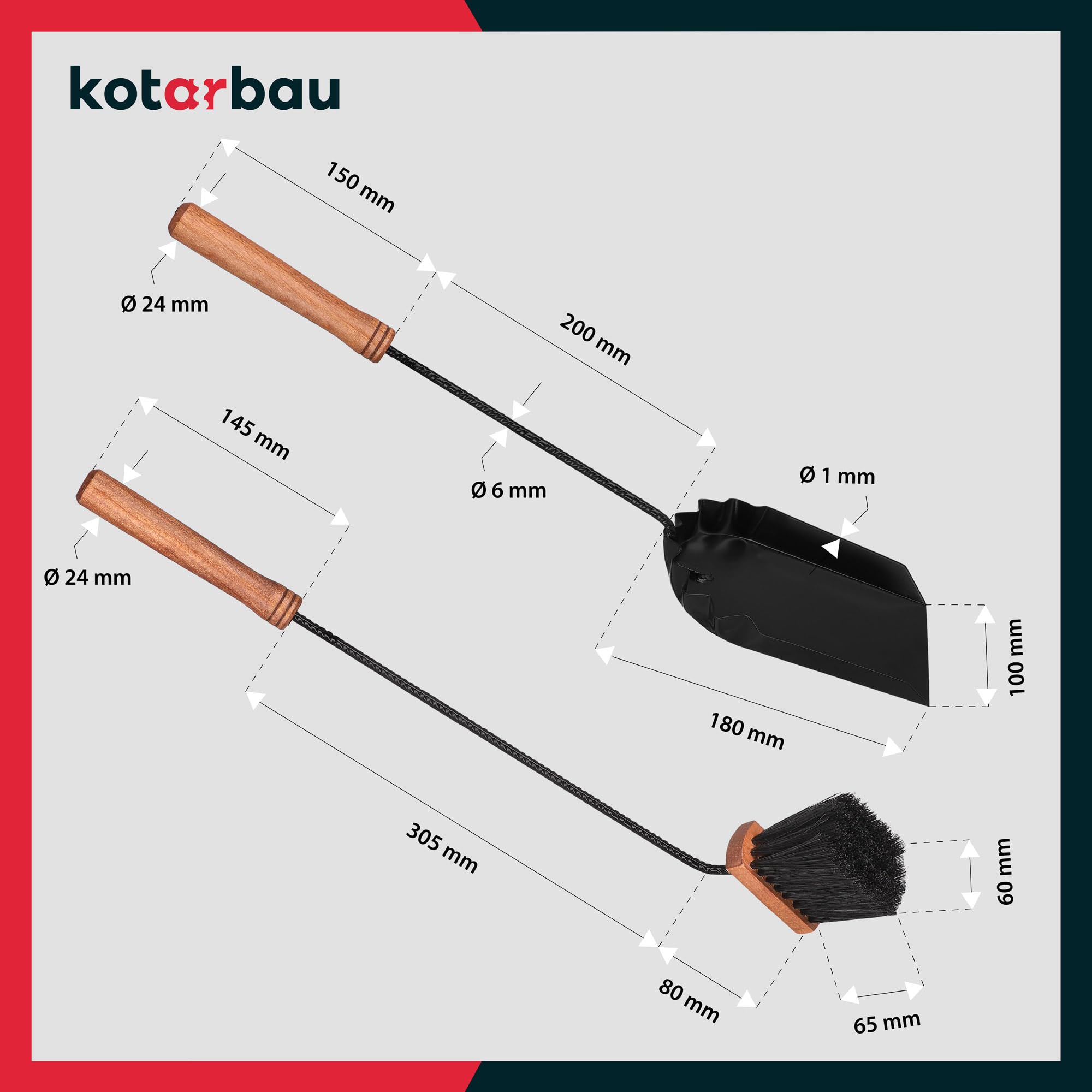 KOTARBAU® Juego de utensilios para chimenea, color negro, modernos, accesorios para estufa, juego de cepillo, pala, rascador de cenizas, juego de limpieza de acero y madera, accesorios para chimenea