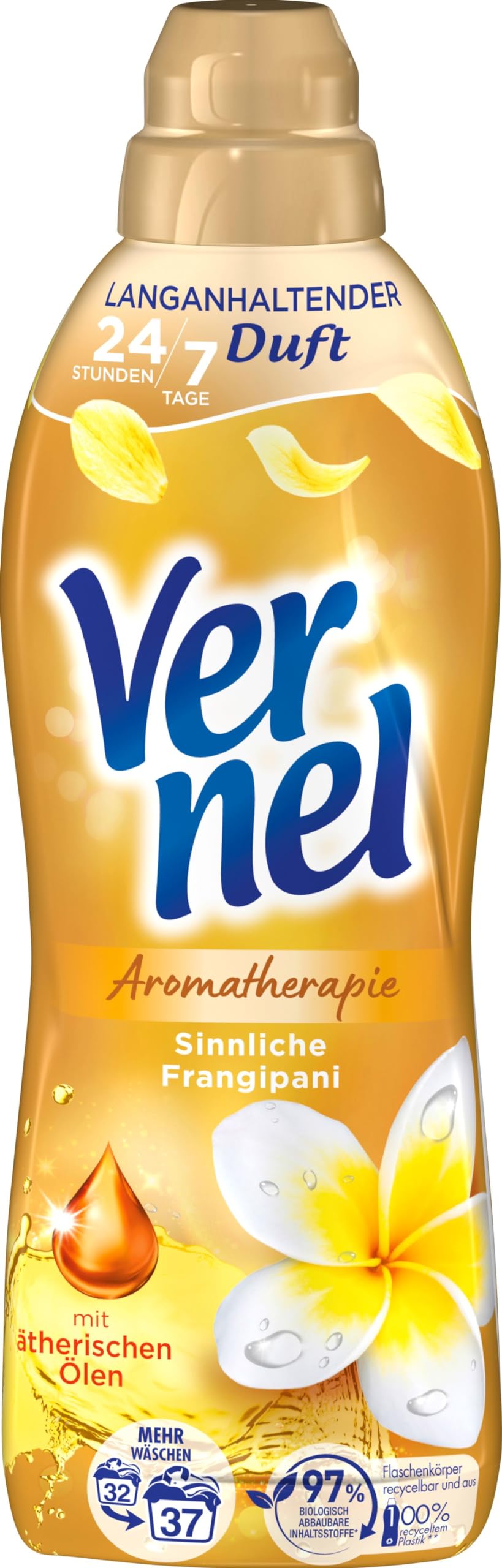 Vernel Aromatherapie Sinnliche Frangipani Weichspüler, 384 (12 x 32) Waschladungen, langanhaltender Wäscheduft mit ätherischen Ölen für 24/7 Frische, recycelbare Flasche