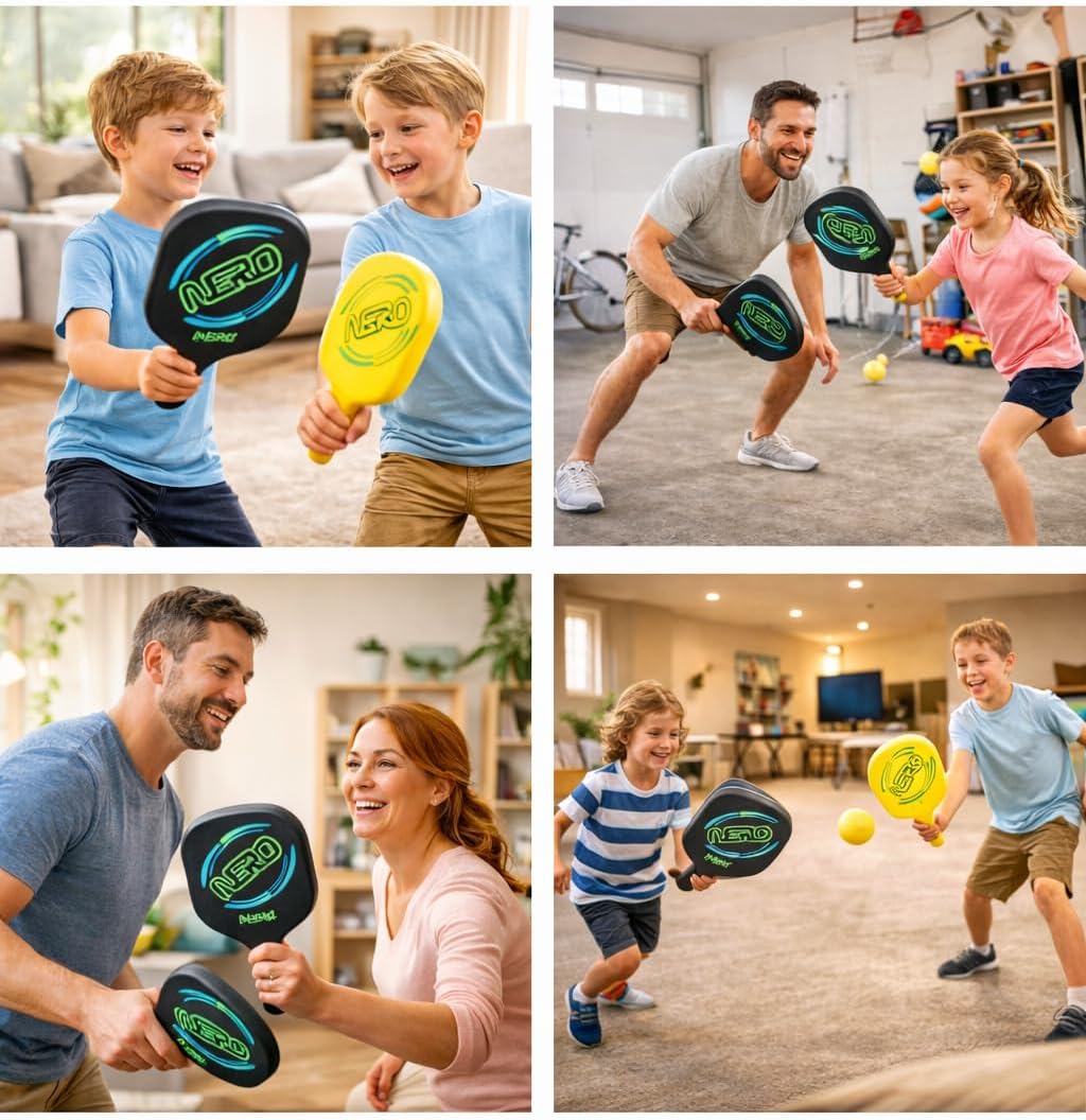Nero Sport Silent Ninja Pickleball Set, Quiet Foam Paddles and Ball for Indoor & Outdoor Play, Low-Noise Family Pickleball Set for Kids and Beginners, 2 Paddles + 1 Ball