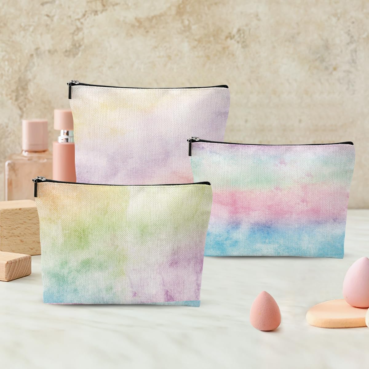 3Pcs Pastel Watercolor Rainbow Makeup Bag, Cosmetic Bag, Waterproof Cute Travel Toiletry Bag Organizer Make Up Bag Mothers Day Birthday Friendship Gifts for Women Girls Coworker Sister Bestie Grandma - Image 4