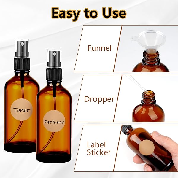 Maxmoc 100ml Braunglas Sprühflasche, 2 Stück Klein Glas, Nachfüllbar Zerstäuber Mit Trichter, Tropfer Und Etiketten für Wasser, Alkohol, Kosmetik, Parfüm, Aromatherapie - 5