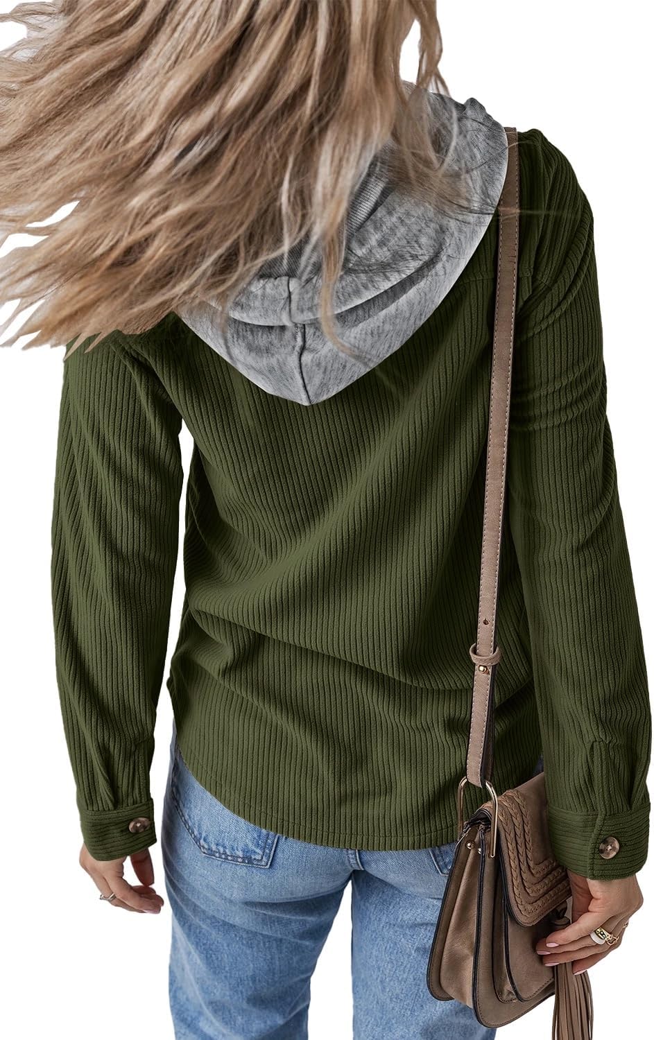 Womens Long Sleeve Button Down Shirt Corduroy Shacket Jacket Casual Fall Solid Short Hooded Coats - Image 3