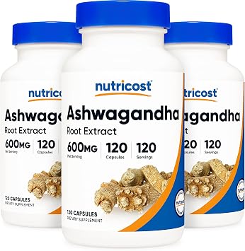 Nutricost Ashwagandha Herbal Supplement 600mg, 120 Capsules - Ashwagandha Root 3 Bottles