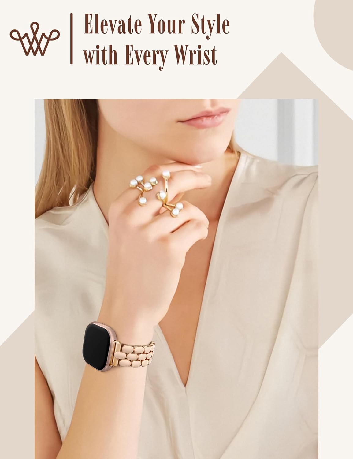 Wearlizer Resin Metal Band Compatible with Fitbit Versa 4 Bands for Women/Sense 2/Sense/Versa 3, Jewelry-Style Dressy Bracelet with No-Tool Adjustment, Elegant Lightweight Strap for Work & Daily