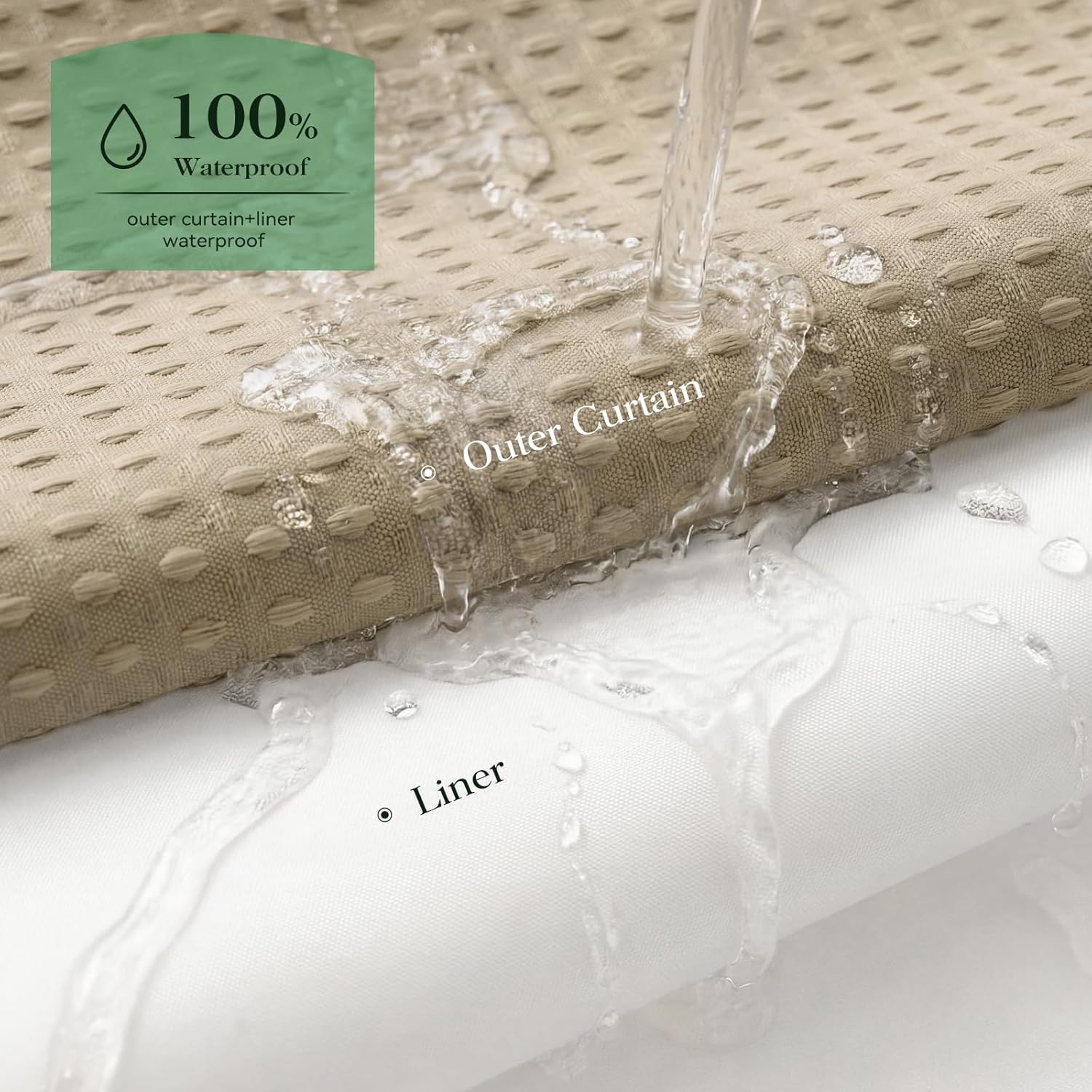 Dynamene Hook Free Stall Shower Curtain & Snap in Fabric Liner with Magnets, 60 Inch Wide Waffle Shower Curtains, Mesh Top Window, 3 in 1 Shower Curtain and Liner Set, 60" W x 75" L, Beige