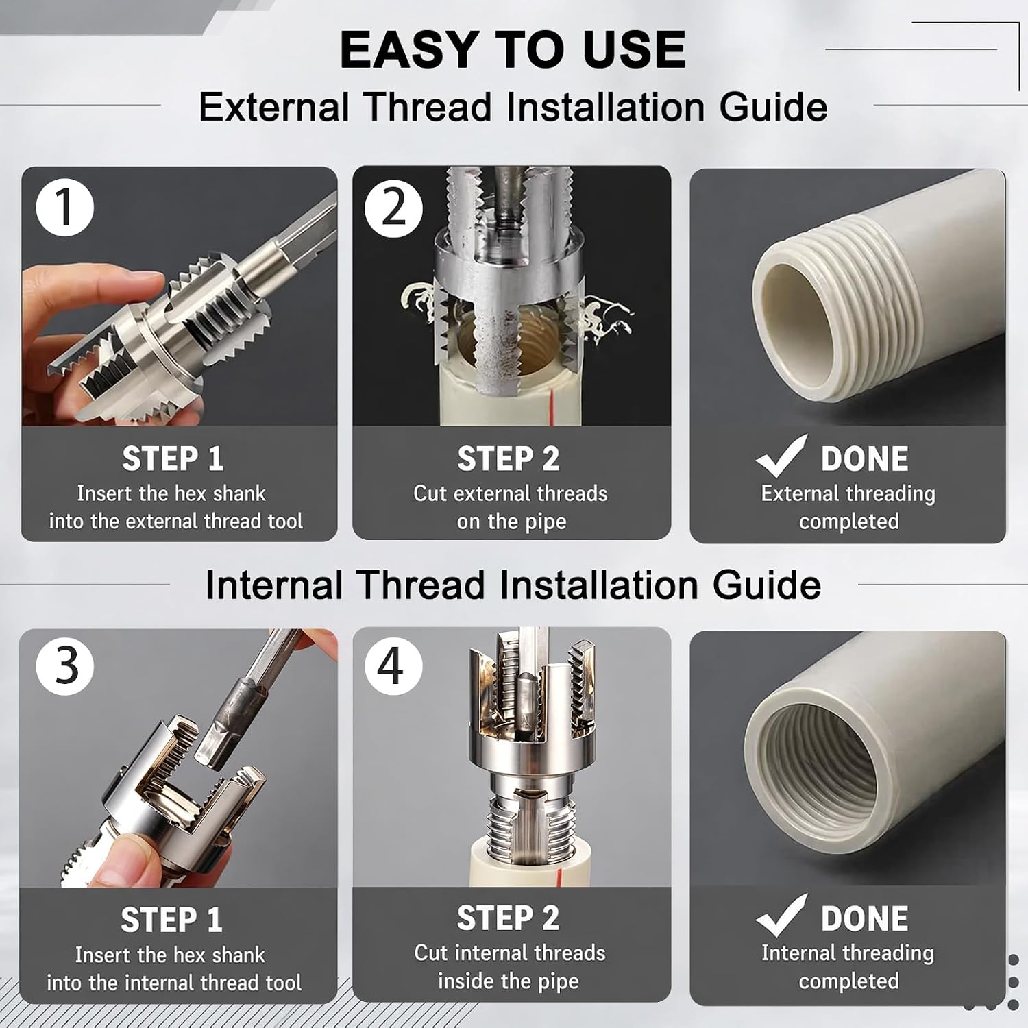 3PCS PVC Pipe Threader Kit,Dual Internal & External Thread Cutting Tool | 1/2",3/4",1" Die Set fits standard electric drills,for DIY plumbing repairs and pipeline installation