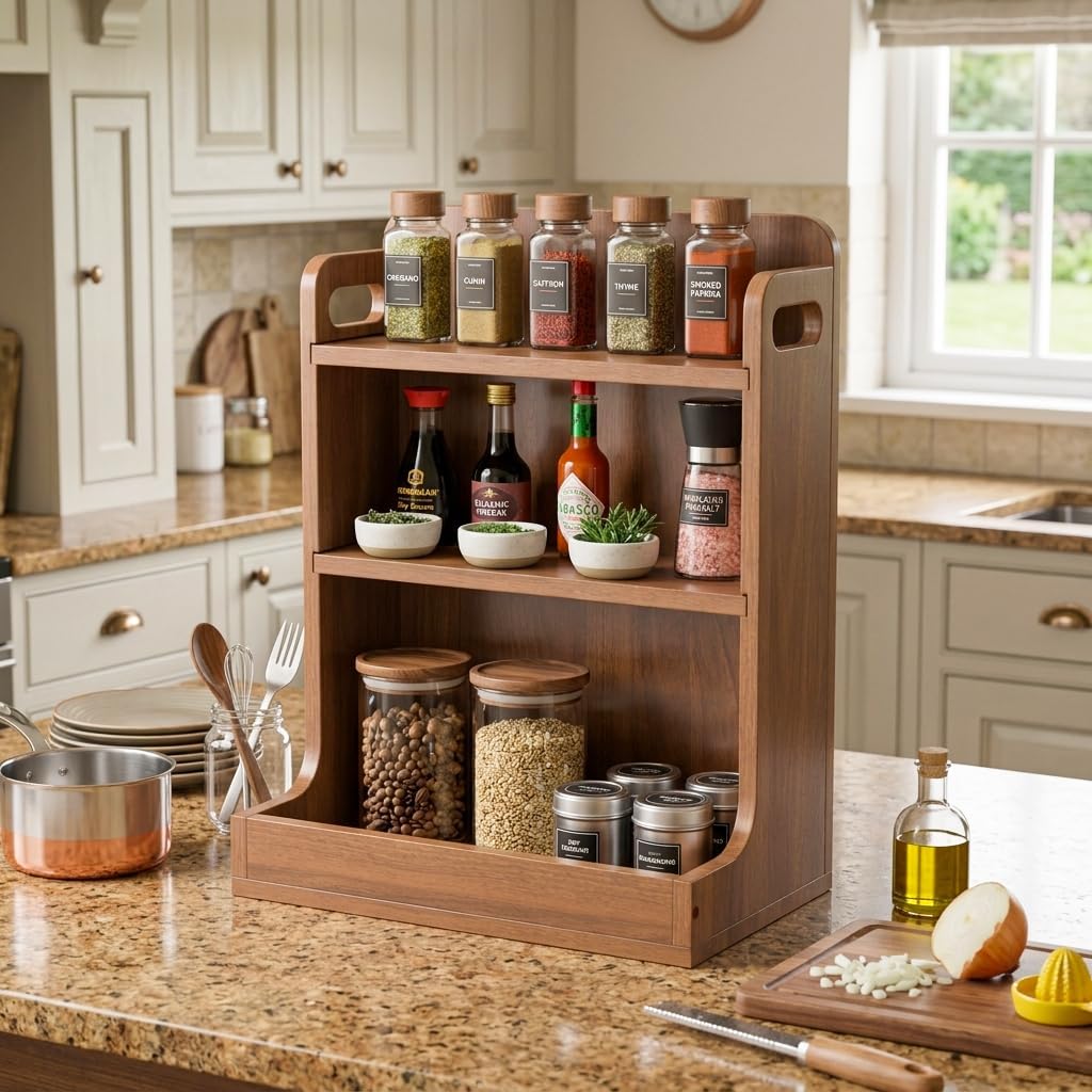 Solid Wood 3-Tier Spice Rack Countertop Organizer Kitchen Storage Shelf