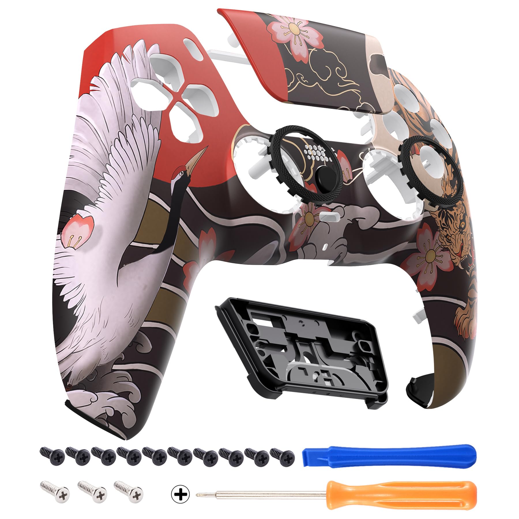 eXtremeRate Luna Cover per ps5 Controller Joystick,Shell Frontale Touchpad Ricambio,Scocca Ridisegnata&Anelli per ps5 Joypad BDM 010/020/030/040/050-Tigre e Gru