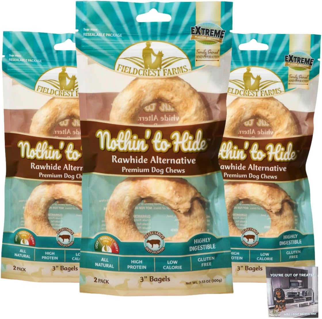 Fieldcrest Farms Nothing to Hide Natural Rawhide Alternative Large 10" Rolls for Dogs - 3 Pack Bundle (Chicken, Beef, Peanut Butter) Premium Grade Easily Digestible Chews - Great for Dental Health