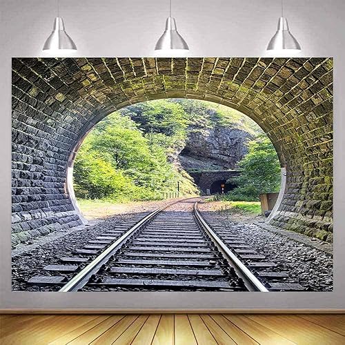 Telón de fondo de pista de tren de 10 x 7 pies, túnel de montaña, ladrillo vintage, Sunmmer, paisaje, árboles verdes, sol, adulto, hombre, niño,
