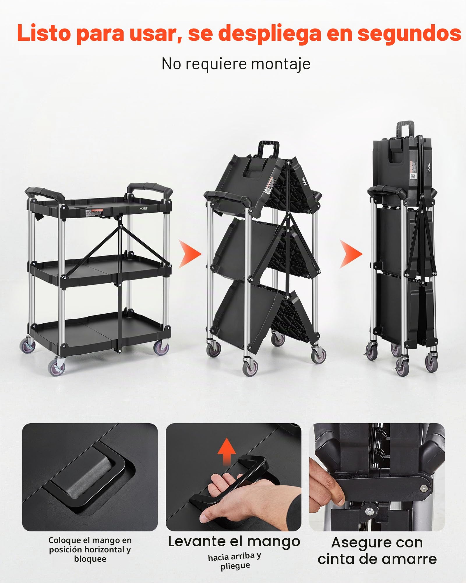 VEVOR Carro de Servicio 65x39x83 cm Carro de Transporte Utilitario Plegable 3 Estantes Capacidad Total 74,8 kg​ 25 kg​/Estante Ruedas Giratorias (2 con Frenos) para Garaje Herramientas Almacén Oficina