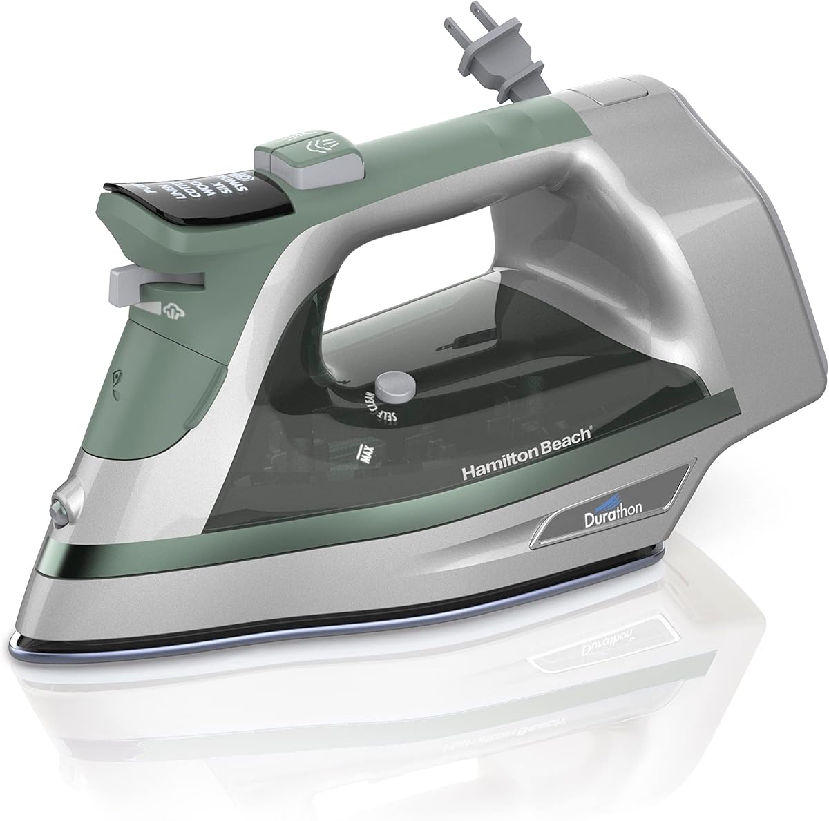 Plancha De Vapor Para Ropa Con Selector De Telas Digital | Suela Durathon resistente a los arañazos | Cable retráctil de 8' | Apagado automático de 3 vías | Antigoteo | 1800 vatios | Verde