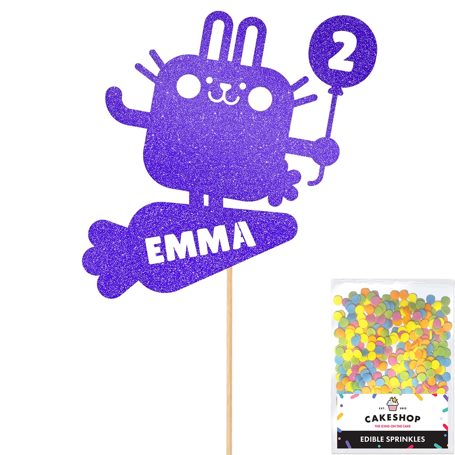 Personalised Pet Bunny Rabbit Glitter Cake Topper- Blue Any Custom Age & Name Glitter Cake Decoration and Sprinkles - Happy Birthday Decorations - Personalised Toppers for Cakes by Cakeshop — image 1