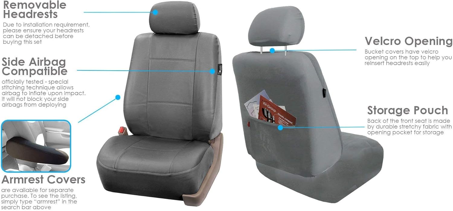 FH Group Car Seat Covers Premium PU Leather Full Set Solid Gray Combo Small Car Seat Cover Design, Airbag Compatible Split Bench Tan Interior Accessories Universal Fit Car Truck SUV Car Accessories