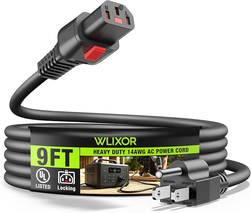 UL Listed Power Station Charging Cable, Locking 15A 125V 14 AWG IEC C13 AC Power Supply Cord for EcoFlow Delta/River Series, Jackery Explorer 3000/2000/1500/1000 Pro, BLUETTI, Anker, Segway, 9FT