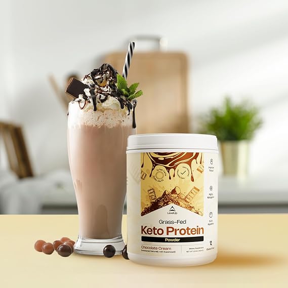 LevelUp WINNER - BEST KETO PROTEIN Grass-fed Collagen Protein Powder, C8 MCT Oil, Whey Protein Isolate, Irish Butter, Ketogenic Protein Shake Supplement (Chocolate Cream)