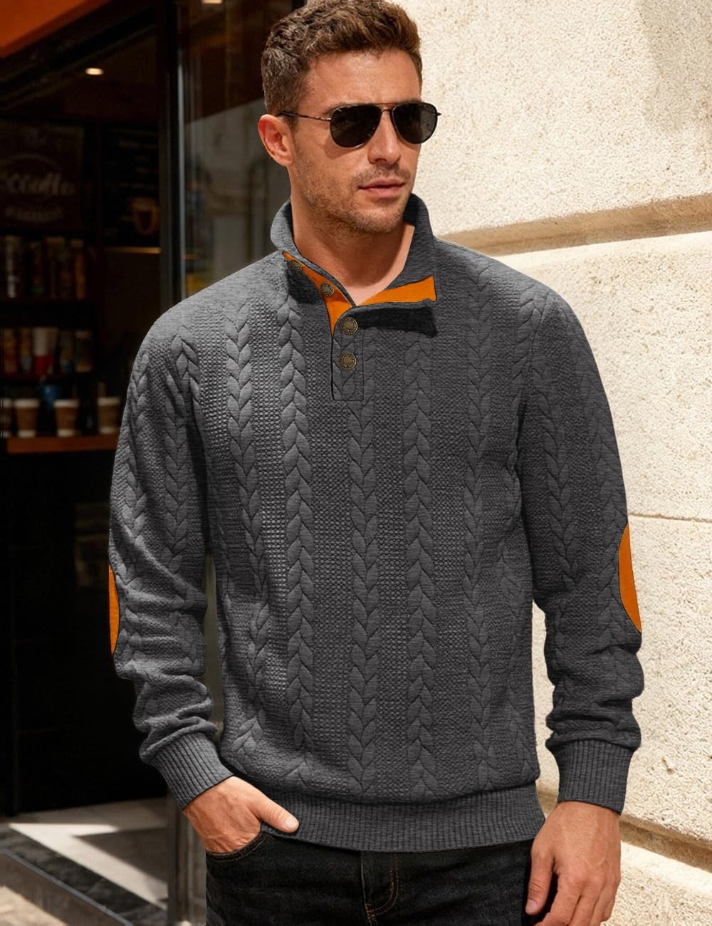 Mens Sweater Knitted Quarter Button Long Sleeve Casual Sweatshirts Quilted Stand Collar Pullover Cable Sweaters - Image 2