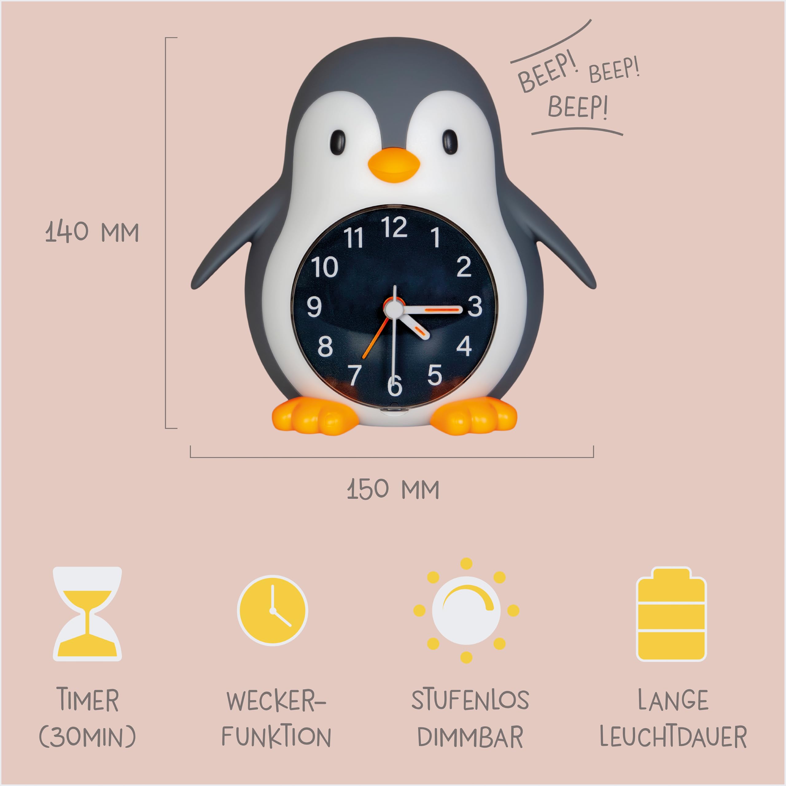 MegaLight Kinderwecker mit Kindernachtlicht | 2in1 Wecker Kinder + warmweißes Nachtlicht Kinder mit 30-Min Sleeptimer | Sanftes Wake Up Light für natürliches & kindgerechtes Aufwachen | POPPY PENGUIN