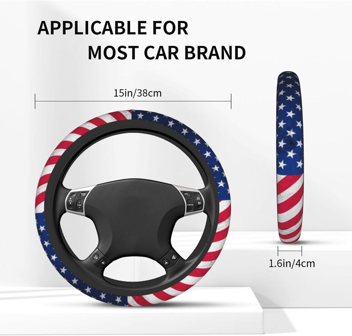 American Flag Steering Wheel Cover - Retro USA Flag Steering Wheel Cover Men Women Car Accessories Neoprene Slip-Resistant Includes 2 Car Cup Coasters Decor for US 15 in Steering Wheel Protector