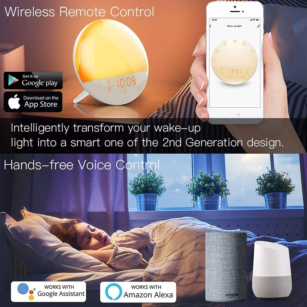 Luz de Despertador WiFi Inteligente, Despertador de Luz Natural, Simulación de Amanecer/Atardecer, Trabaja con Alexa, 4 Alarmas, Función de Repetición, 2 Piezas