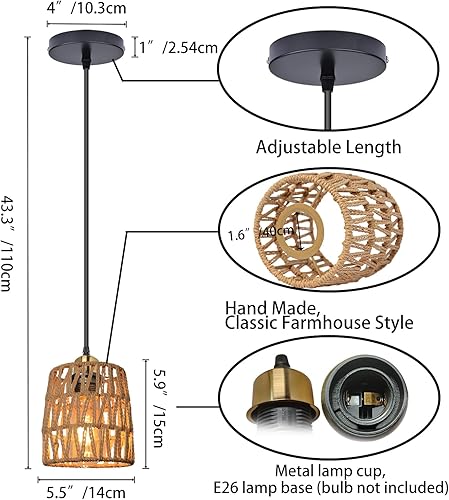 Miniatura 4 de Paquete de 3 lámparas colgantes tejidascuerda natural tejida a mano para pantalla de granja, lámpara colgante para vestíbulos, entrada, cocinas,