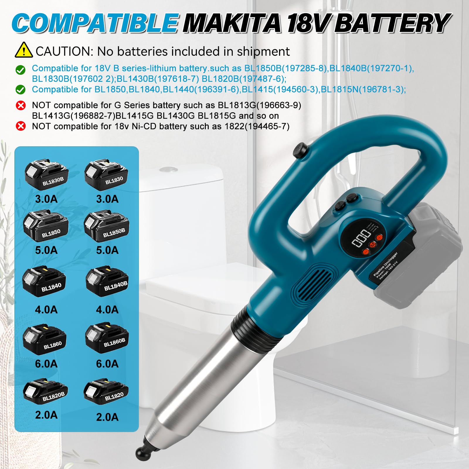 Kabelloser Abflussreiniger für Makita 18V-Akku (ohne Batterie) | 120W Akku-Rohrreiniger, mit 4 Aufsätzen, Druckanzeige, max. Druck 8 bar, für Toiletten, Waschbecken, Badewannen