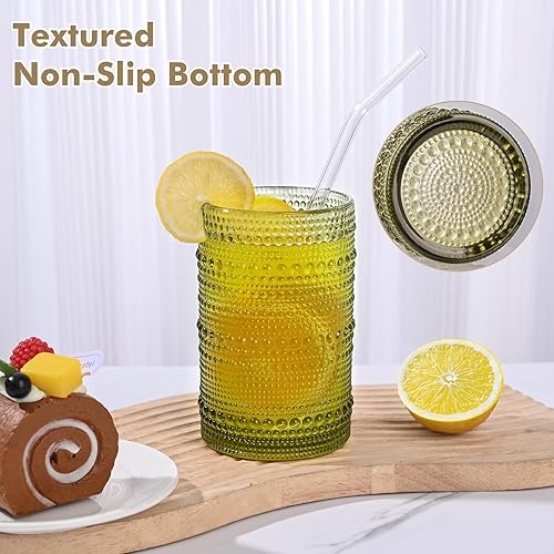 Vista 5 de Juego de 8 Vasos de Beber Vintage con Relieve, Verde de 12 oz y 15 oz Vasos Highball, Cristalería para Bebidas de Cocina, Vaso de Agua en Relieve