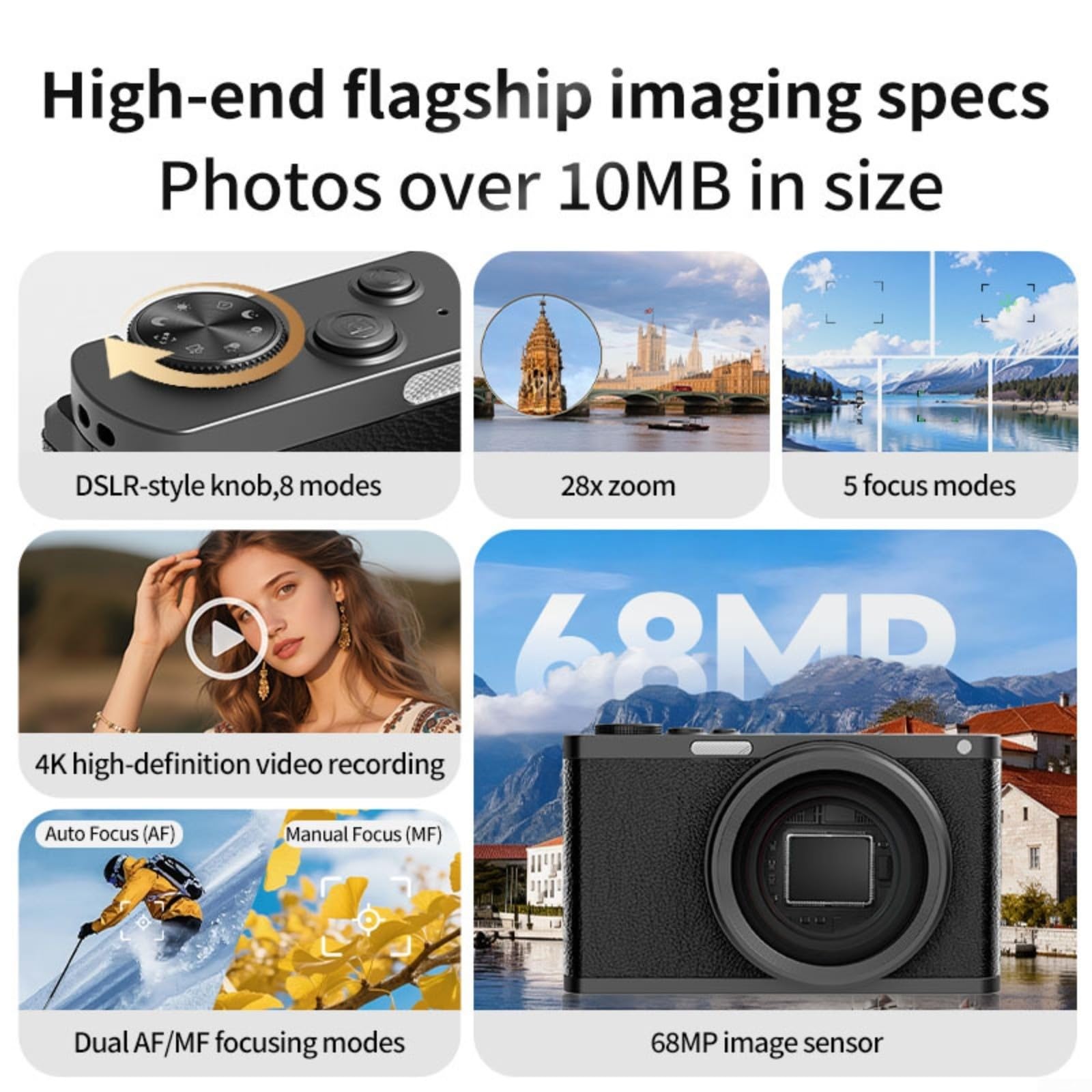 Fotocamera digitale 4K per Vlogger, 68 MP DSLR Style Video per videocamera con schermo flip a 180 gradi Zoom 28X Dual Autofocus Webcam Mode Kit (B)