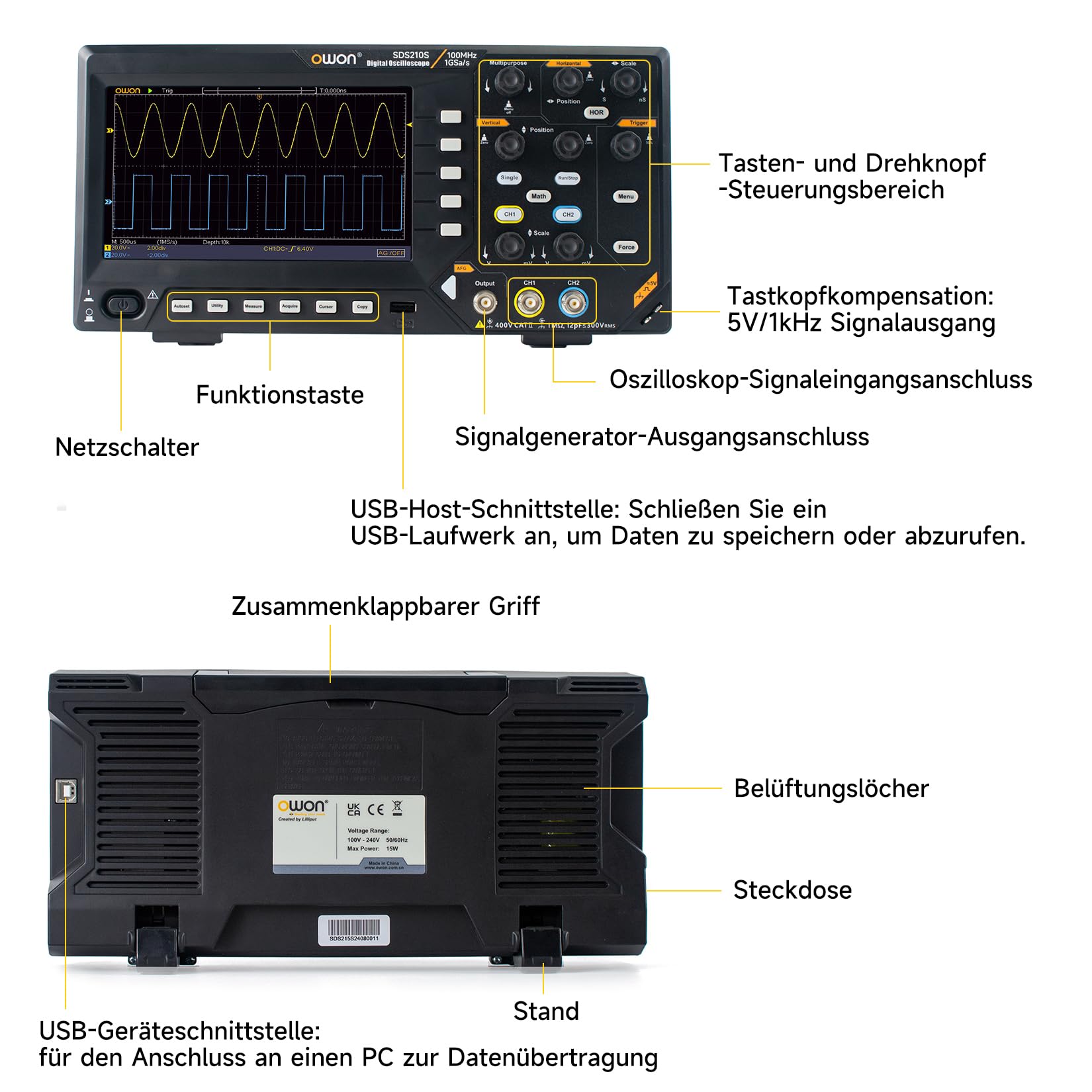 OWON Digitales Oszilloskop mit Zweikanalkanälen und 7-Zoll-Bildschirm, TFT-LCD-Display, tragbares Oszilloskop mit 1GS/s Abtastrate, Bandbreite 100 MHz, 8K Wellenformlänge, SDS210S