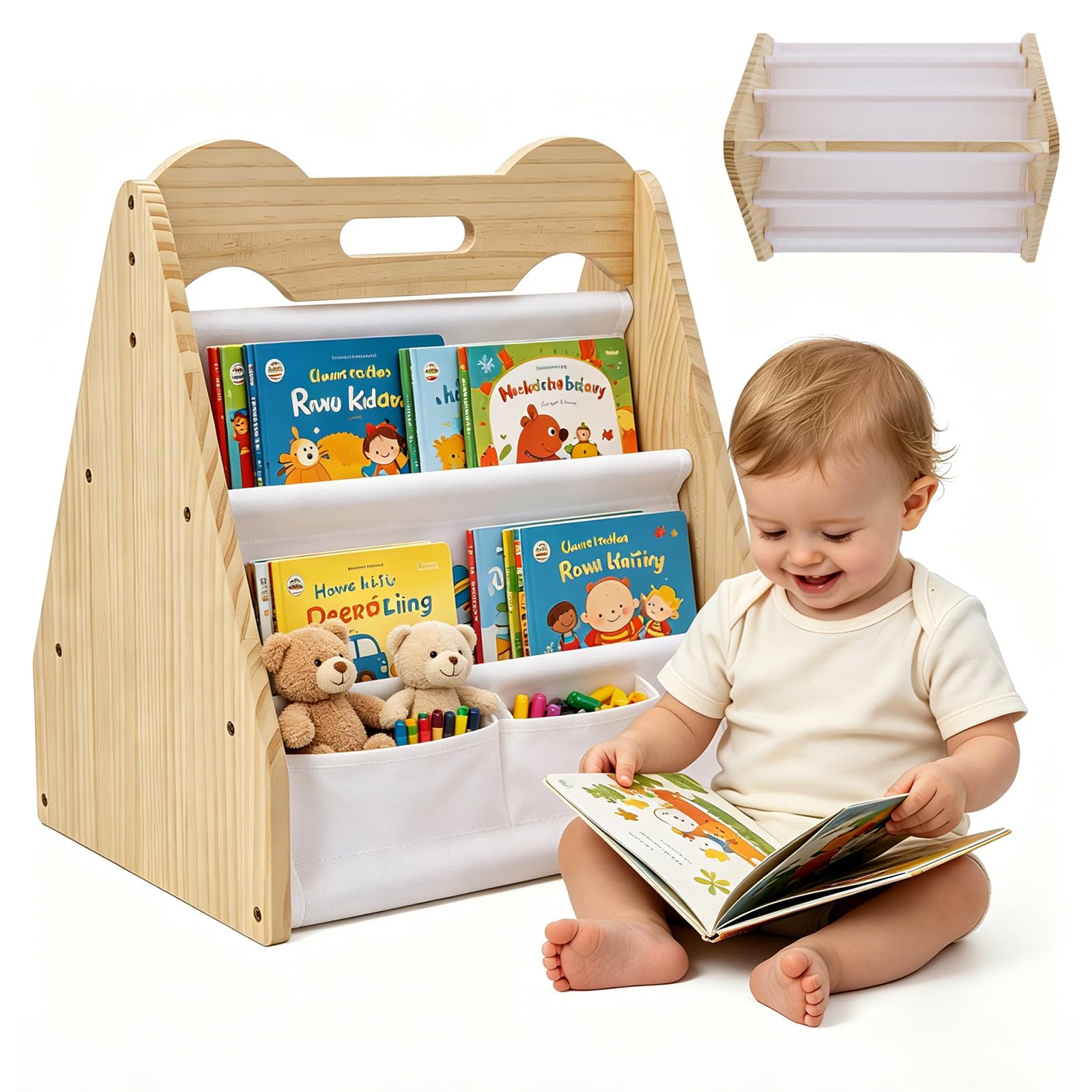 BORDRISE Kids Bookshelf, Wooden Double-Sided Toddler Bookcase with Canvas Storage, Montessori Baby Bookshelf Sling Book Rack for Nursery, Bedroom, Playroom, Portable Children’s Book Organiser