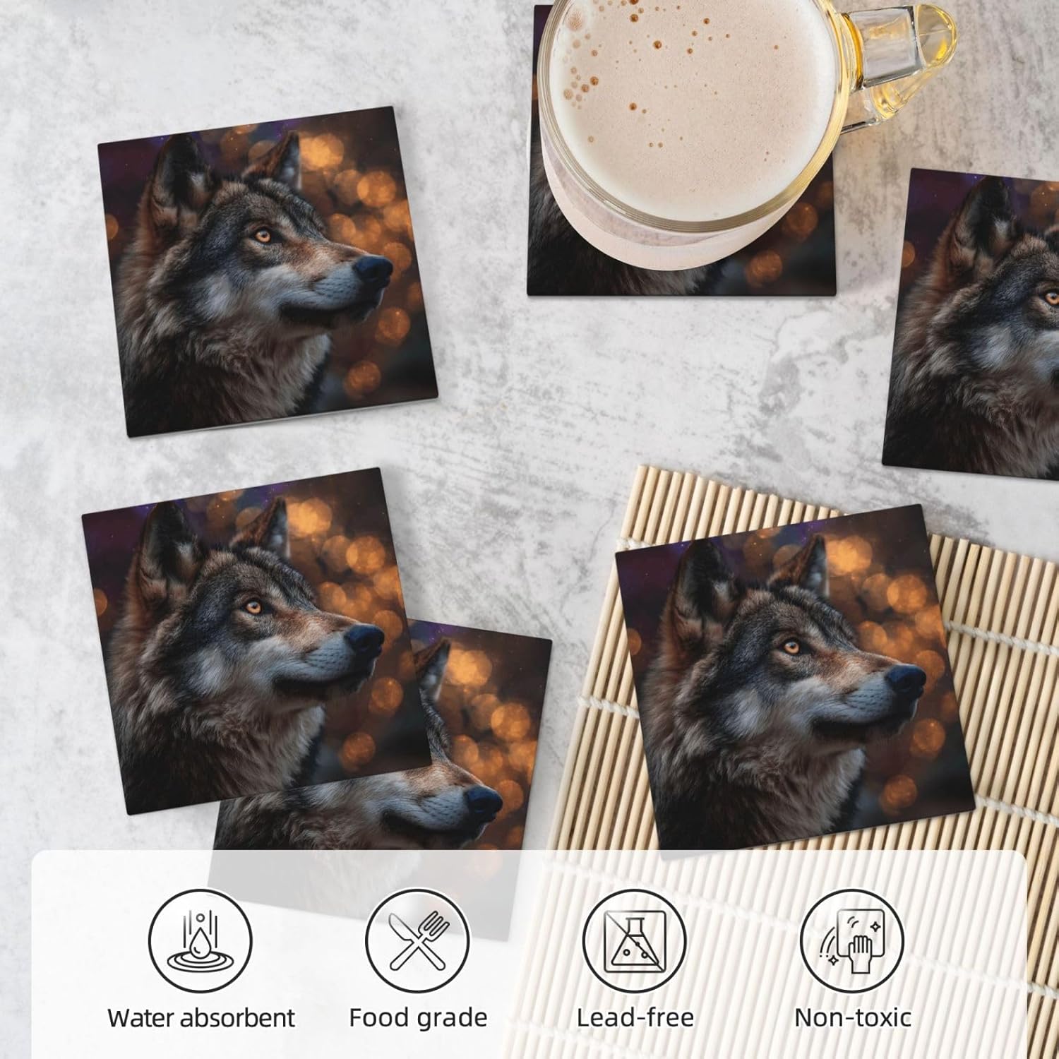 (Wolf) Ceramic Coasters Set of 6 with Holder Non-Slip Square Coffee Coasters for for Cup Mug Drink Patio Coffee Table Decor, Christmas Coasters Home Bar Supplies