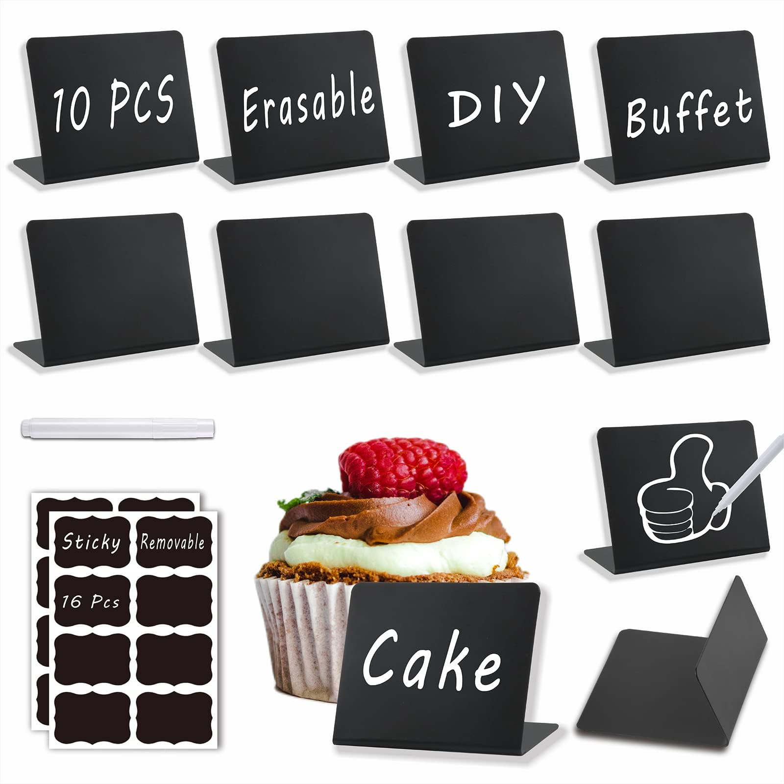 27-Piece Set of Mini Chalkboard Signs for Food: 10 Erasable Chalk Board Table Sign Labels, 1 White Markers, 16 Removable Stickers, Display Stand Tags for Buffet, Party, Wedding, Bakery, Tabletop Menu