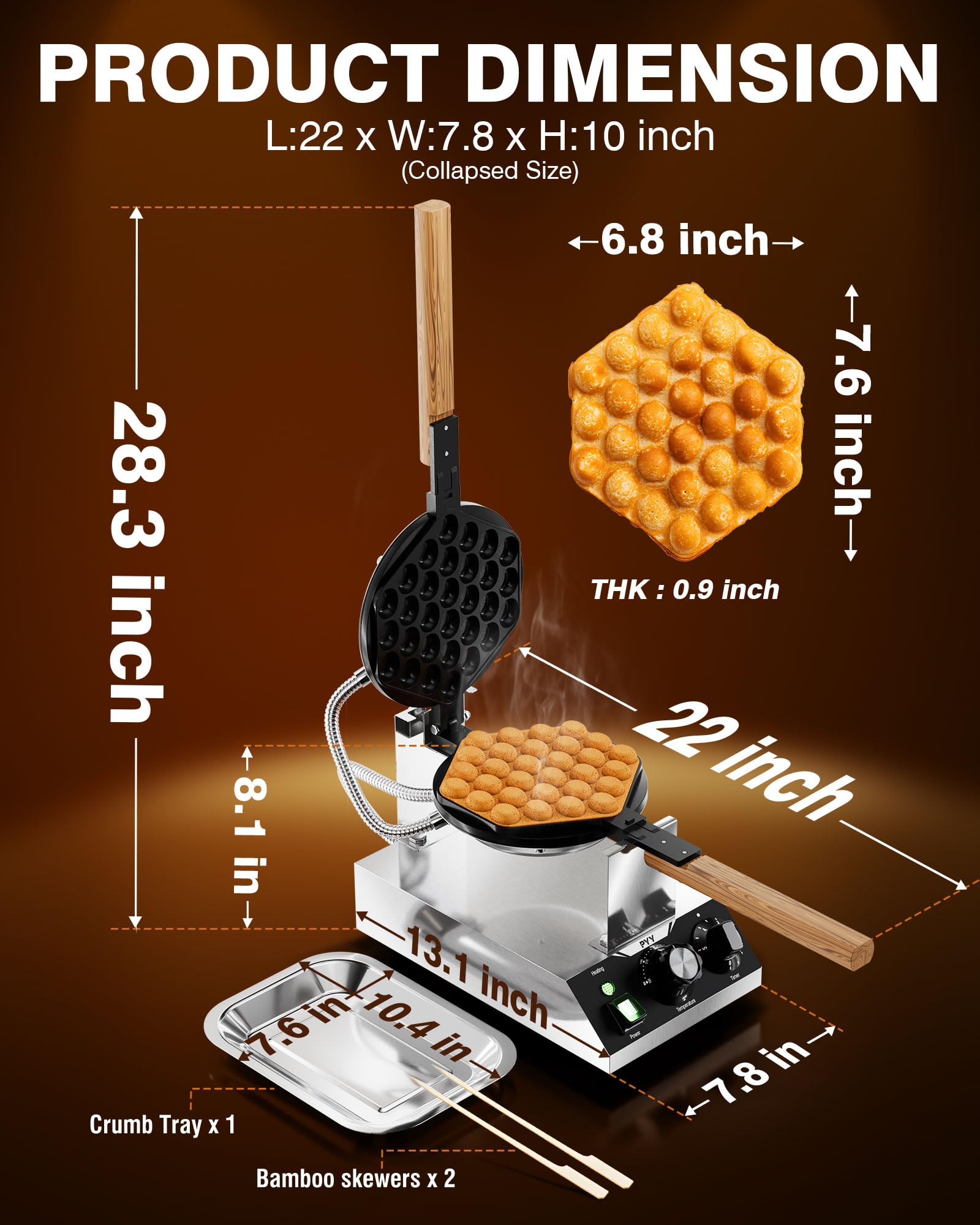 Hehinton Commercial Bubble Waffle Maker 110V 1400W - 180° Rotating Egg Puff Iron With Non-Stick Plates & Timer