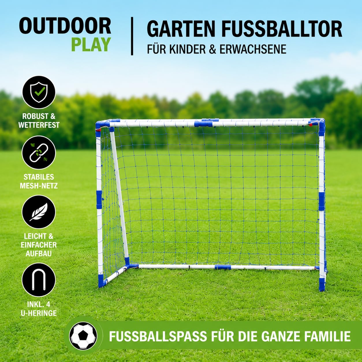 Outdoor Play Garten Fußballtor 180x130 cm aus Metall – Wetterfestes Fußballtor für Kinder & Erwachsene – Robuste 32 mm Stahlrohre, stabiles Mesh-Netz, inkl. 4 U-Heringe