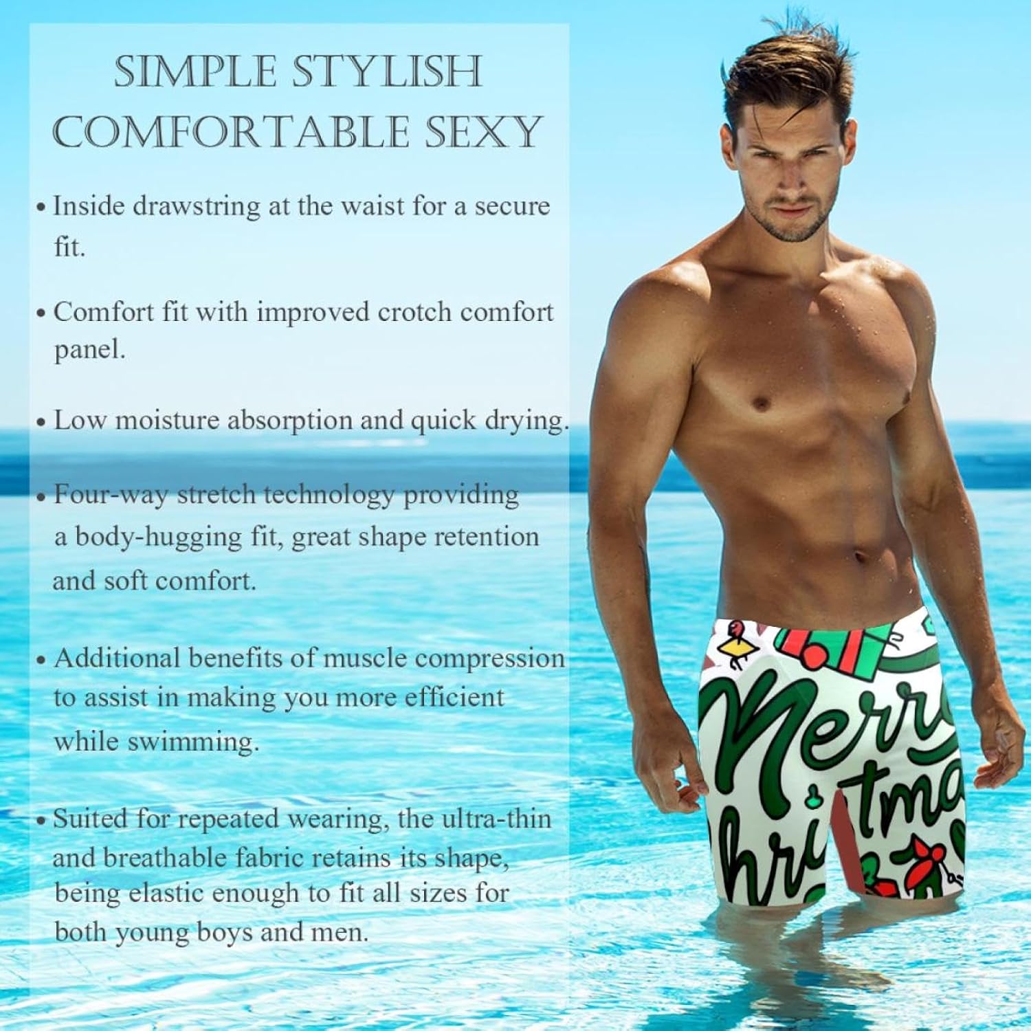 Happy Christmas Men's Swim Jammers for Training, Swim Shorts for Boy Dry Quick Youth Boys Jammer Swimwear