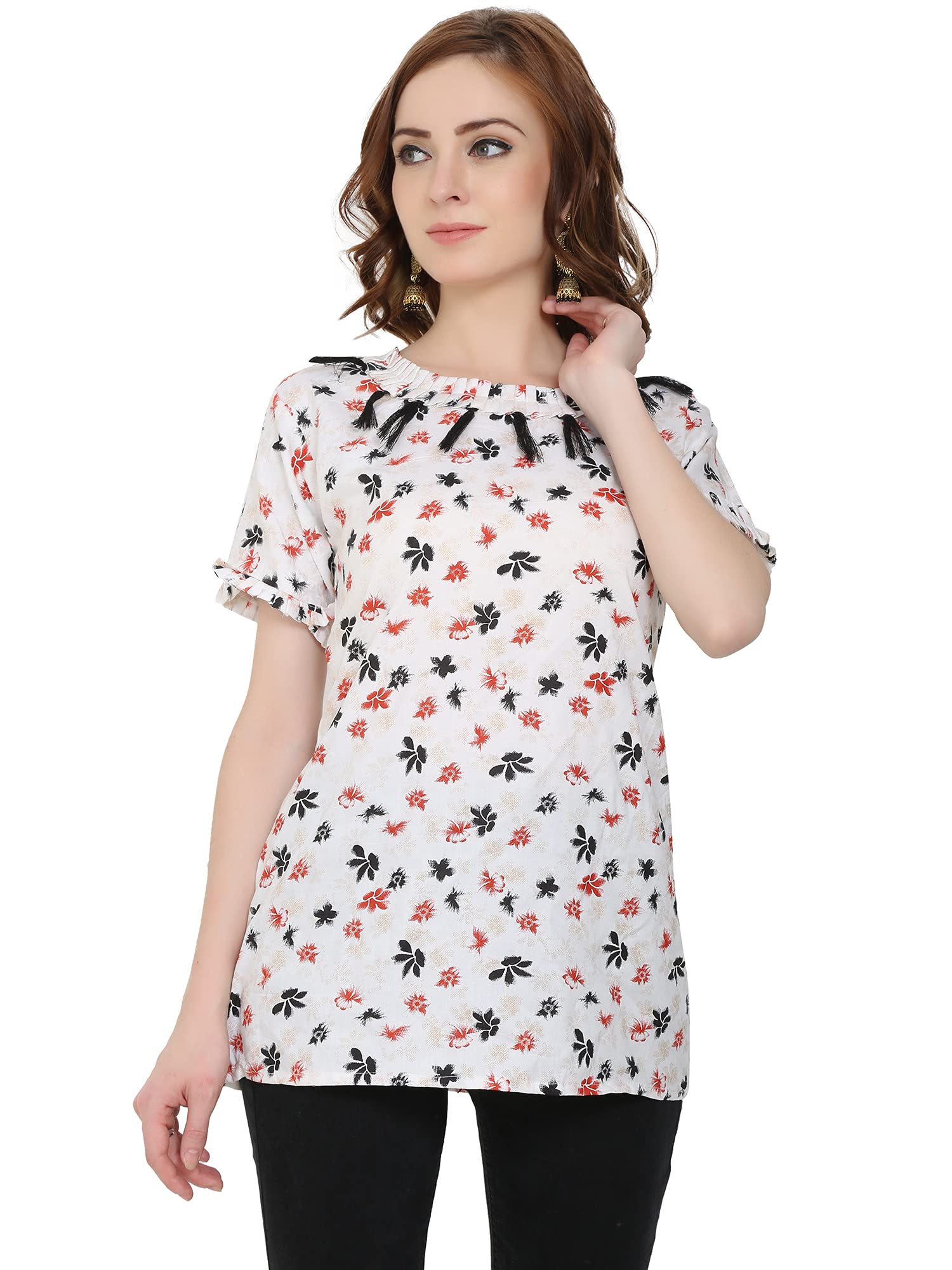 kushalmangal Women's Round Neck Rayon Flower Print Top (Free Size) (Red-Black)-picture-24
