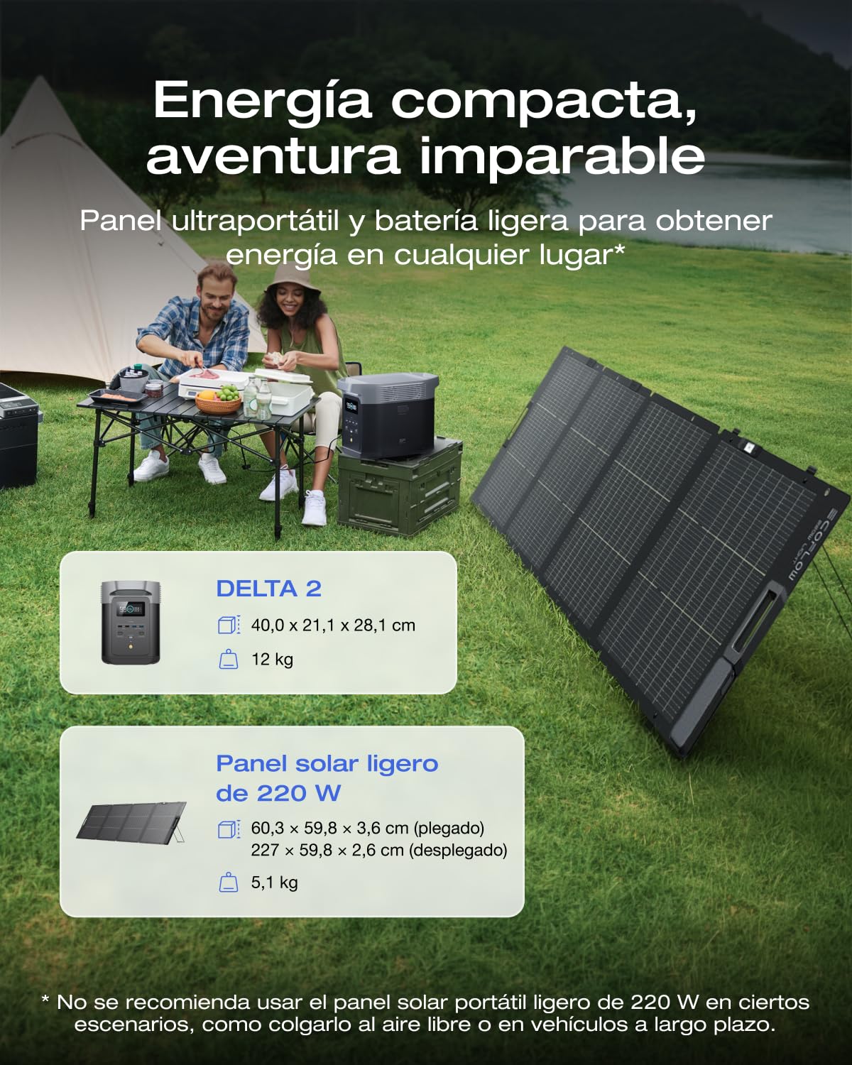 Paquete de generador solar de 220 W y EcoFlow DELTA 2 con capacidad ampliable de 1 a 3kWh, batería LFP, carga rápida, portátil para la alimentación de reserva del hogar, el camping