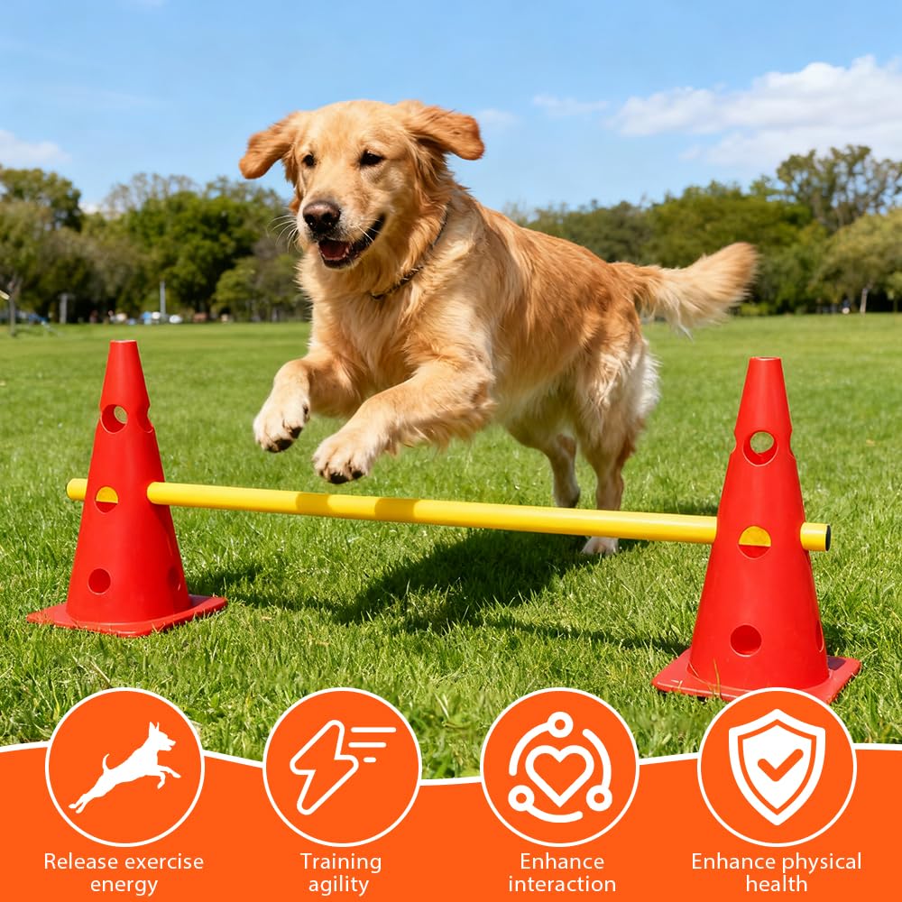 Haies d'Entraînement, Agility pour Chien, Saut Obstacle pour Chien, 8 Cônes(32cm) + 4 Barres(80cm), Ensemble de Haies pour l'Entraînement de Coordination