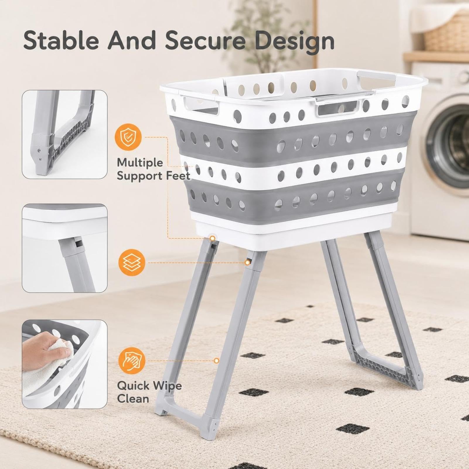 Corbeille À Vêtements Pliable Haute - Panier À Linge Ergonomique Pour Soulager Le Dos | Design Compact Avec Pieds Anti-Renversement Pour Salle De Bain Et Buanderie