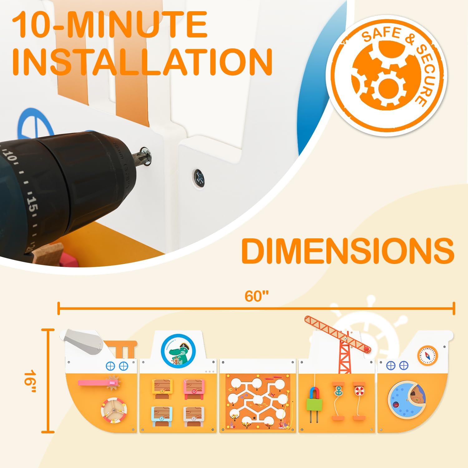 Monläurd® Wooden Ship Activity Wall Panel for Kids, Sensory Wall Toy, Activity Cube, Wall Toys for Toddlers 1-3, Playroom Toys, Daycare Furniture, Montessori Busy Board